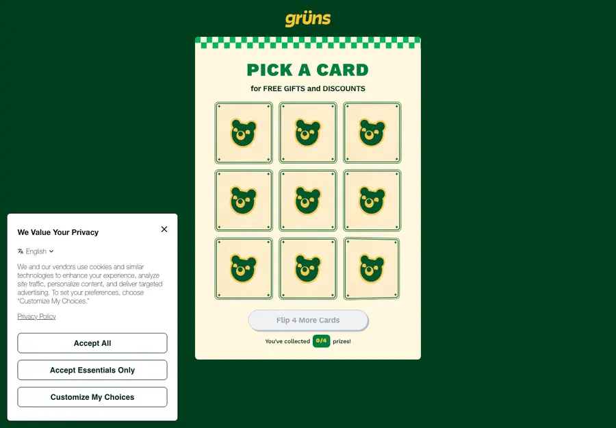 GRÜNS flip-to-win, before any flip: 0/4 collected