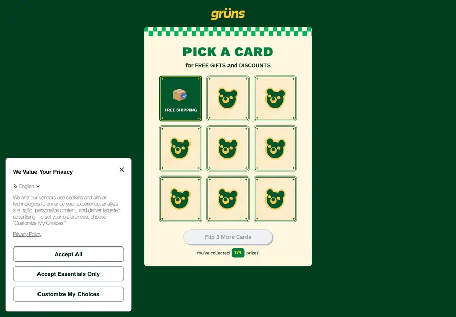 After one flip: FREE SHIPPING revealed, 1/4 collected, three flips to go